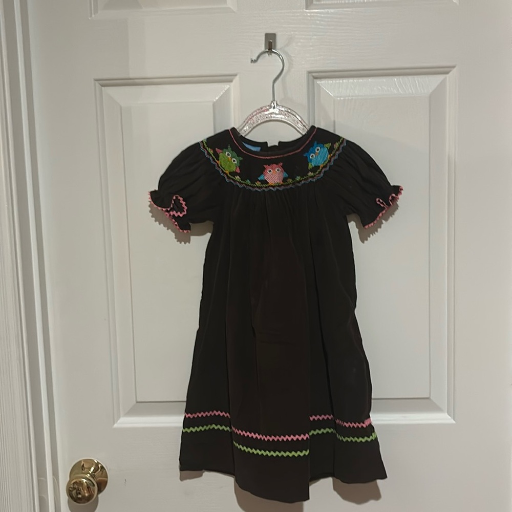 Anavini Smocking Owl Design Corduroy Dress 2 Girls